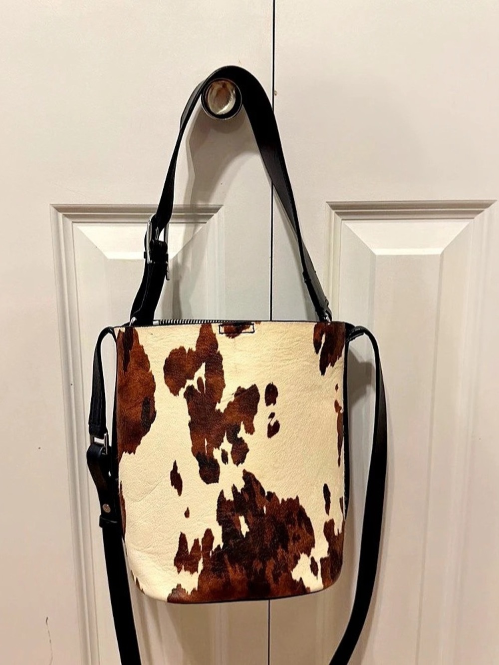 Reiss Hudson Mini Cow Print Shoulder Bag Brown & Black